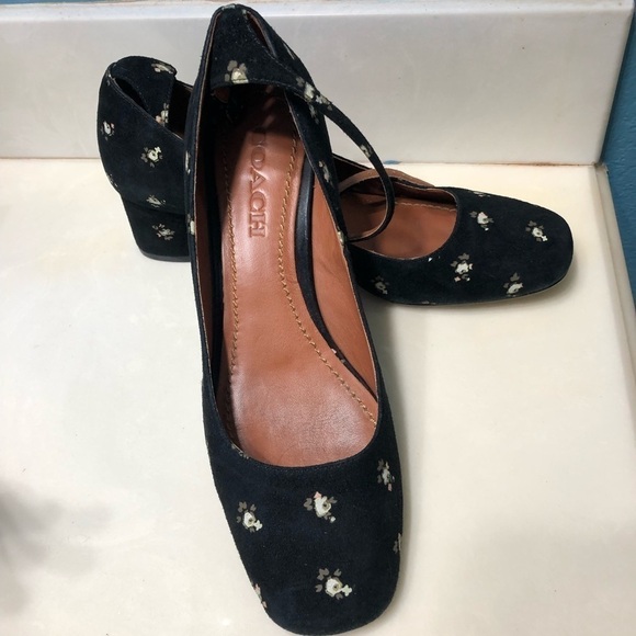 Coach black Ankle Strap Pump With Prairie Print floral chunky heel - Picture 12 of 16